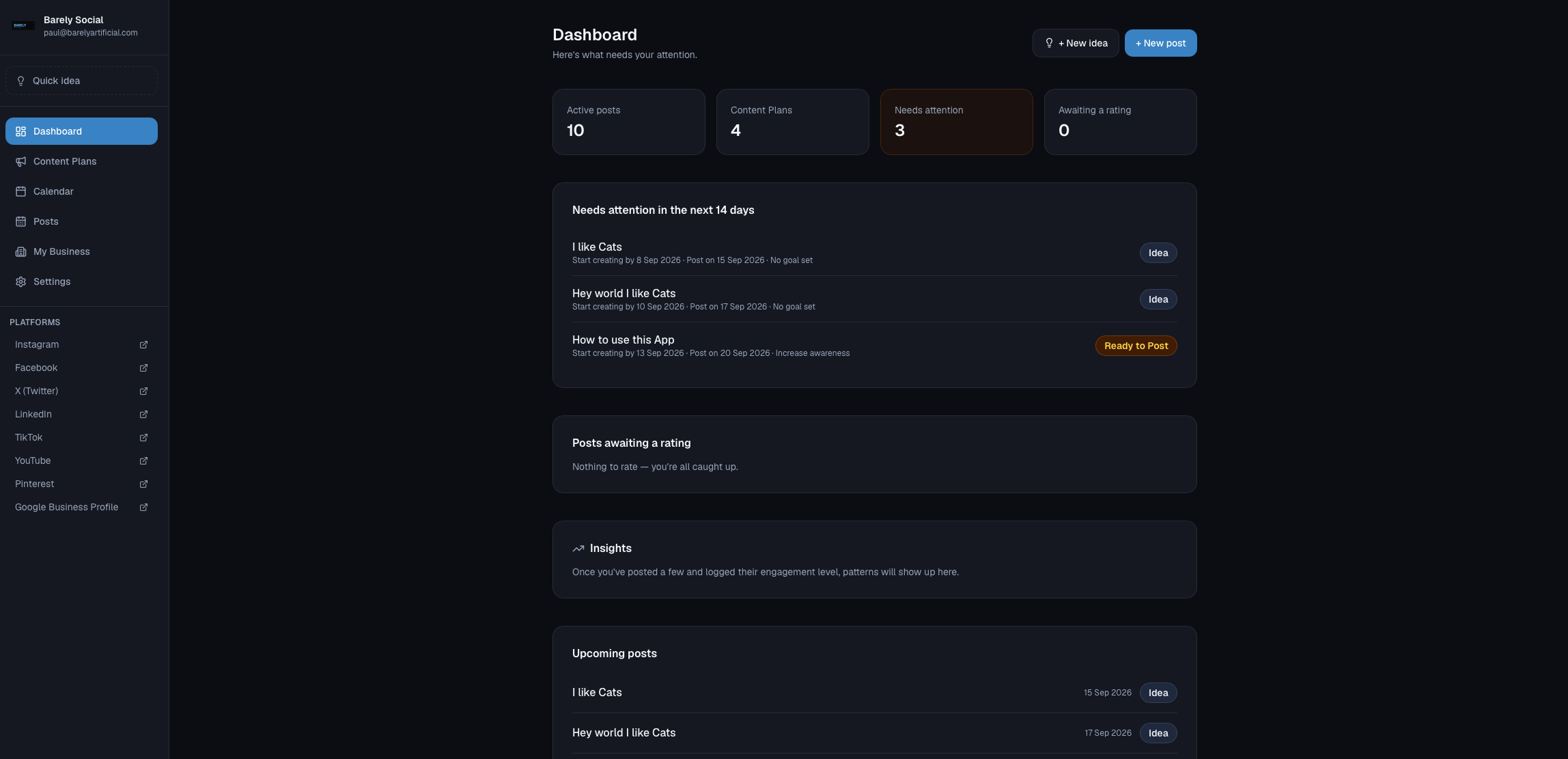 The Barely Social dashboard, showing active posts, content plans and what needs attention.