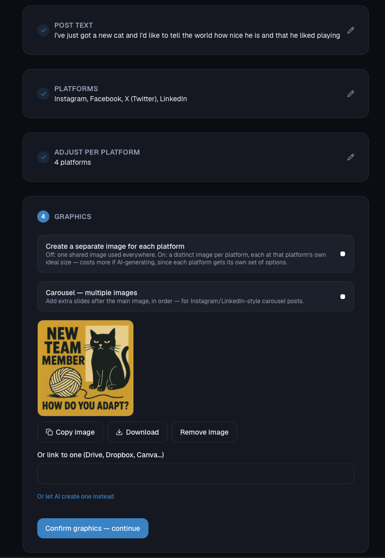 Drafting a new post in Barely Social, with AI-generated graphics options for each platform.