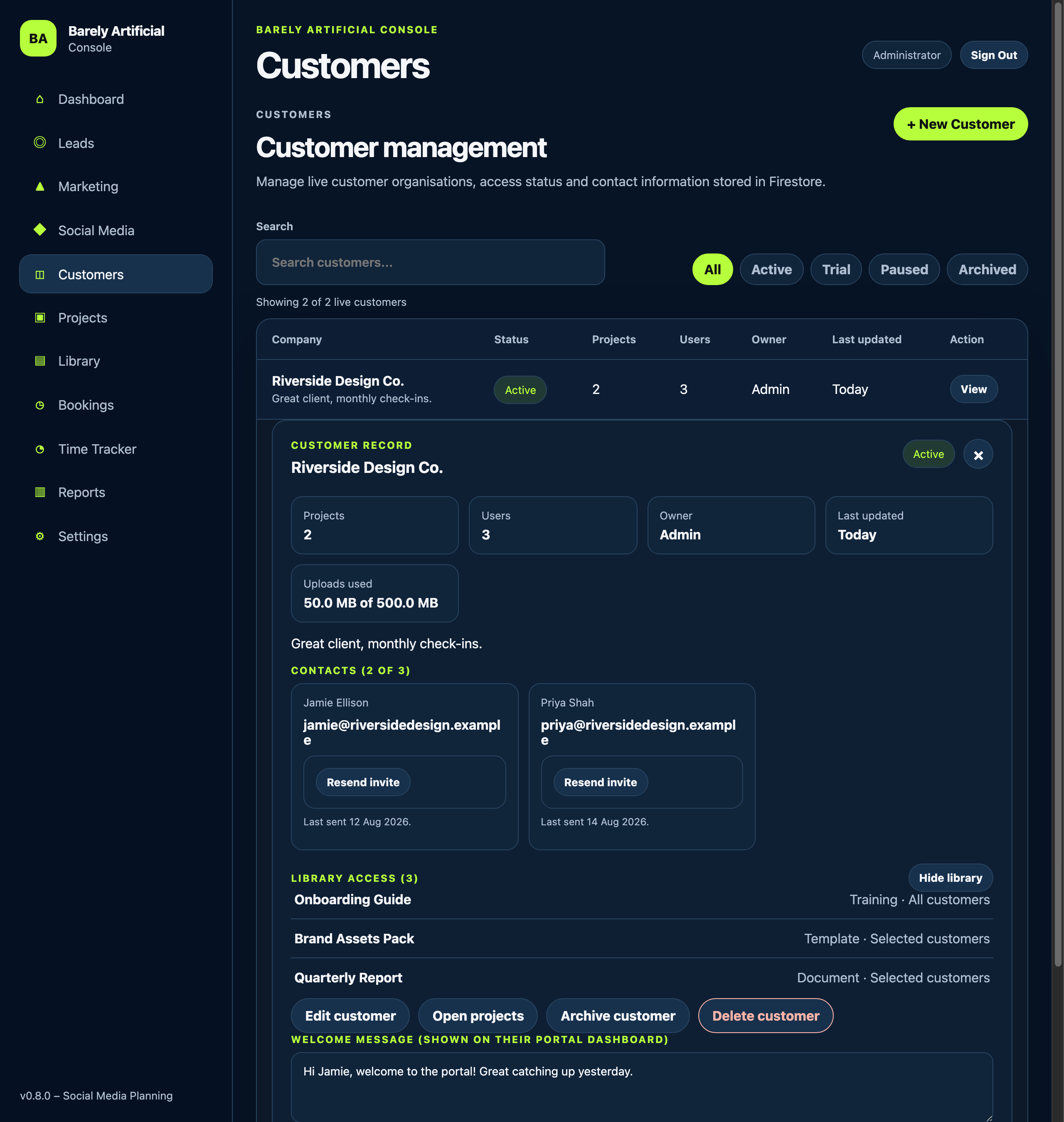 A customer record showing multiple contacts, each with their own portal login and access permissions.