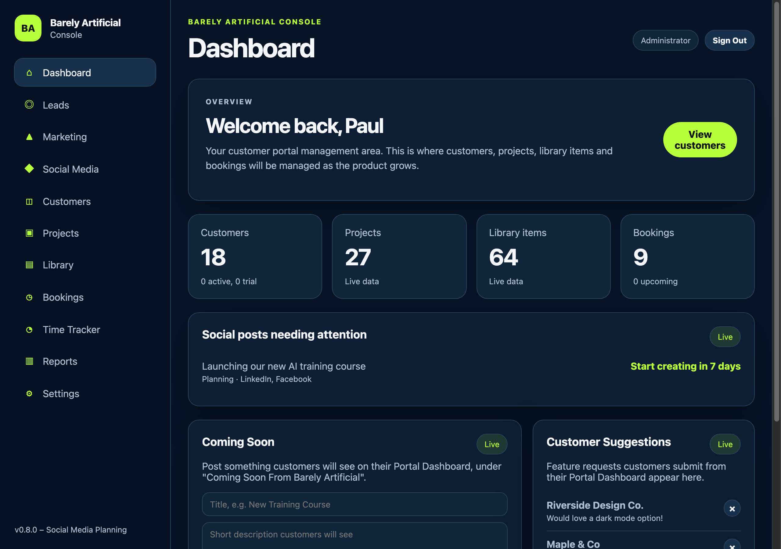 The console dashboard, showing live customer, project, library and booking counts.