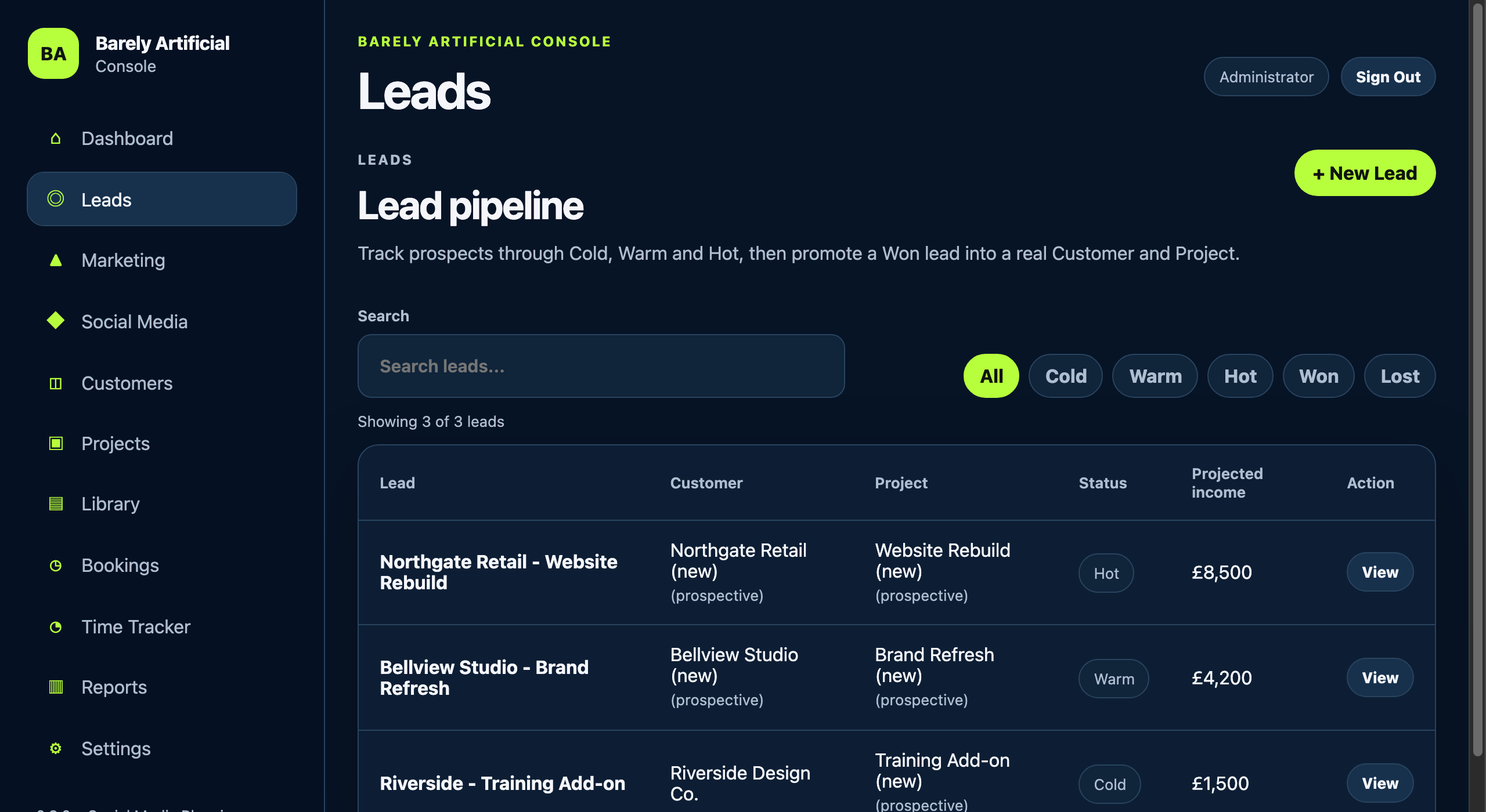 The lead pipeline, showing deals moving from cold through to won.