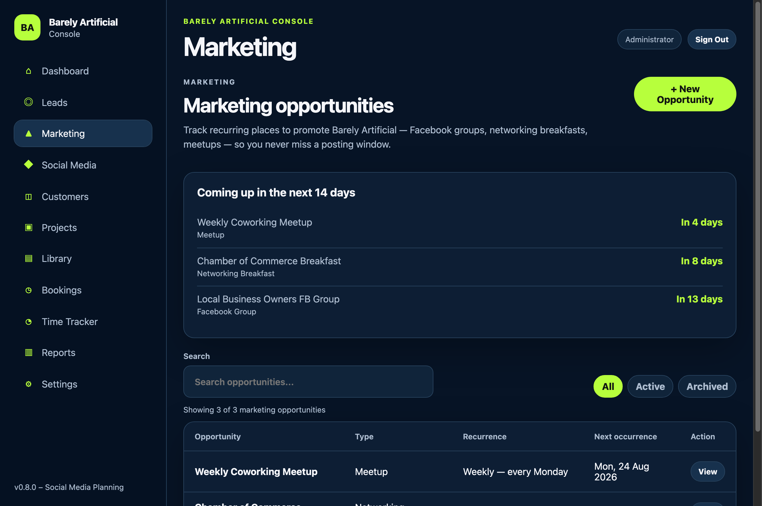 The marketing planner, showing recurring promotion opportunities worked out automatically.