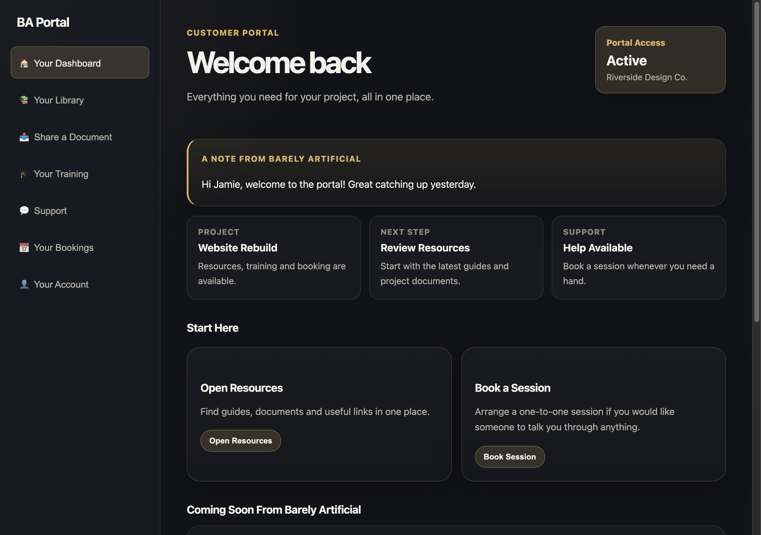 The customer-facing portal dashboard, showing a personalised welcome and available resources.
