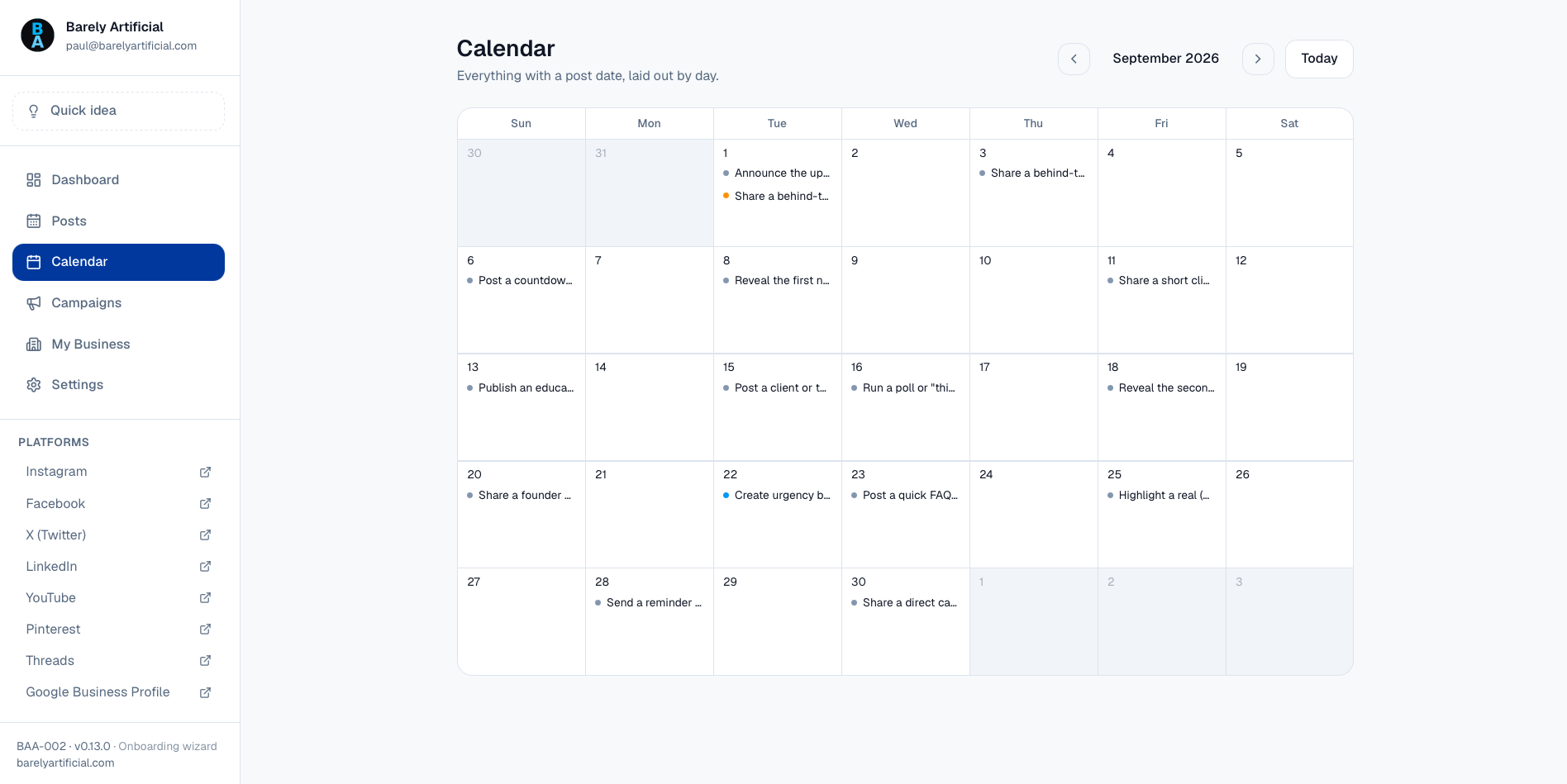 The Calendar view, showing posts laid out across a month by status colour.