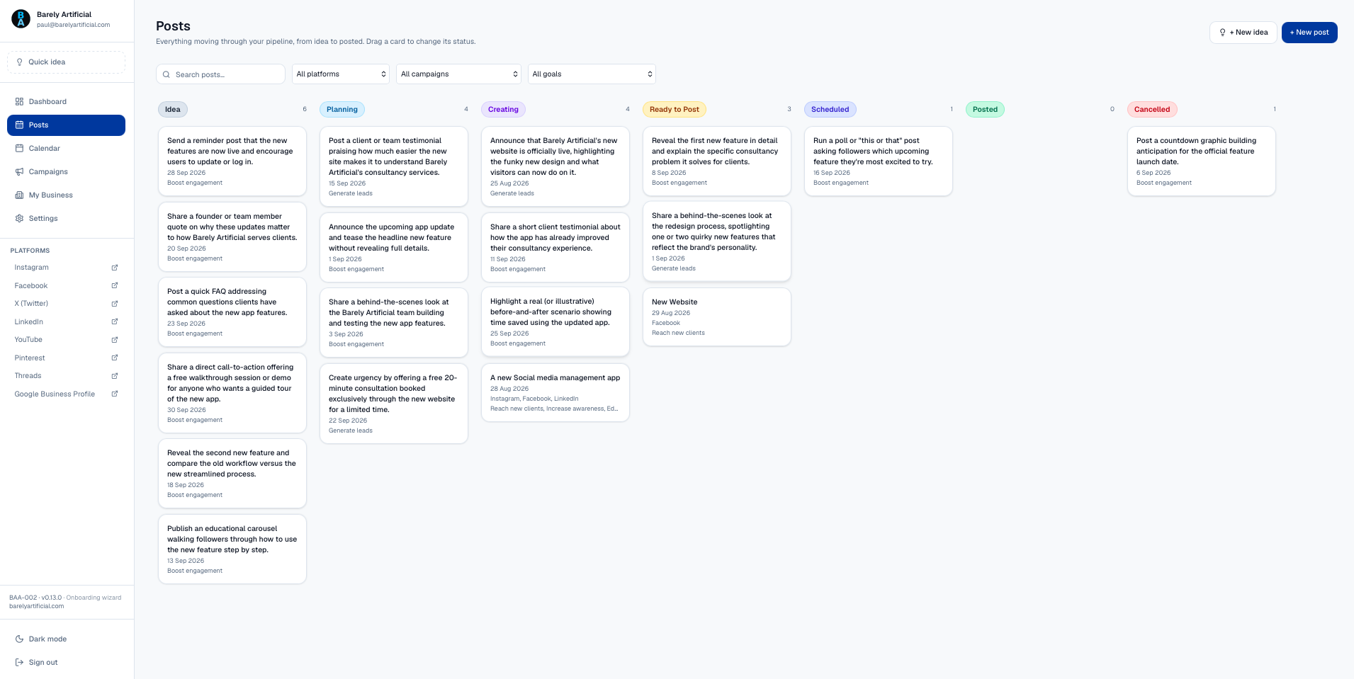 The Posts board, showing post cards moving through Idea, Planning, Creating, Ready to Post, Scheduled and Cancelled.
